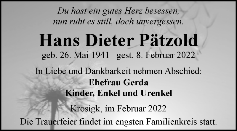  Traueranzeige für Hans Dieter Pätzold vom 12.02.2022 aus Mitteldeutsche Zeitung Halle/Saalkreis