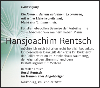Traueranzeige von Hansjoachim Rentsch von Wochenspiegel Naumburg/Nebra
