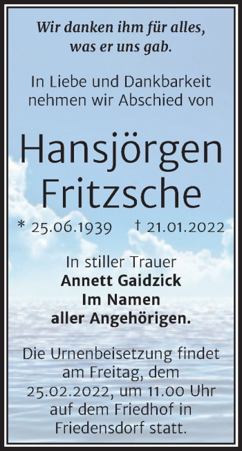 Traueranzeige von Hansjörgen Fritzsche von Trauerkombi Merseburg