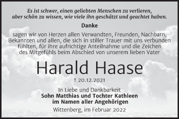 Traueranzeige von Harald Haase von Trauerkombi Wittenberg