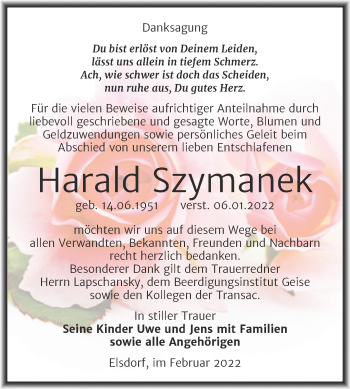 Traueranzeige von Harald Szymanek von Trauerkombi Köthen