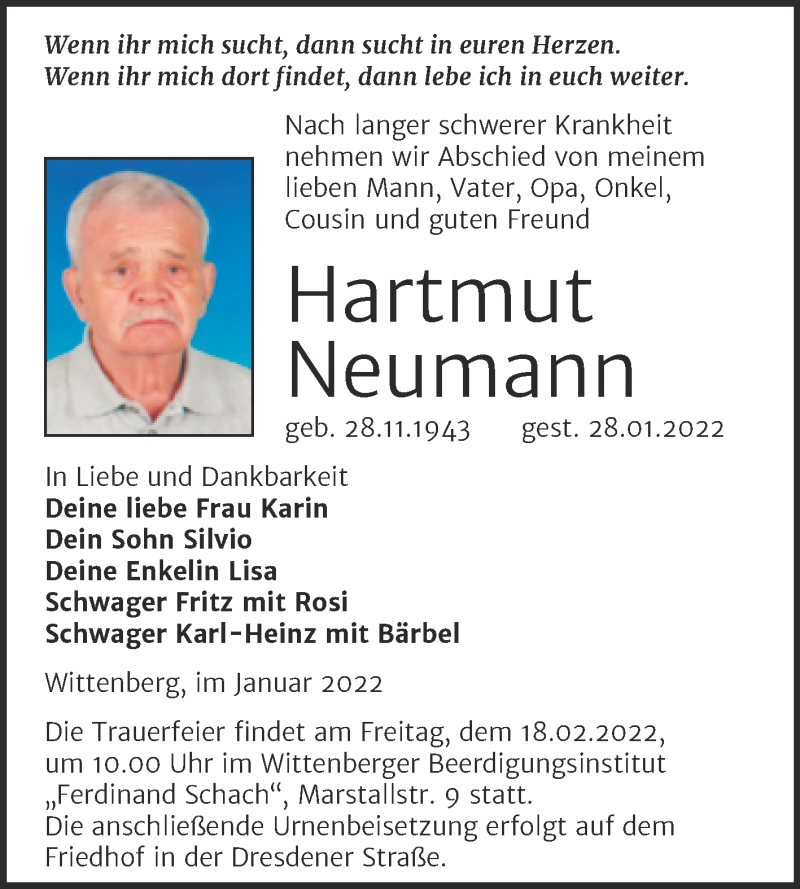  Traueranzeige für Hartmut Neumann vom 05.02.2022 aus Trauerkombi Wittenberg