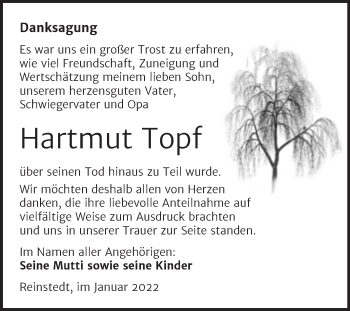Traueranzeige von Hartmut Topf von Trauerkombi Quedlinburg
