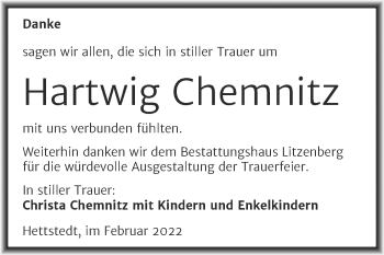 Traueranzeige von Hartwig Chemnitz von Trauerkombi Mansfelder Land