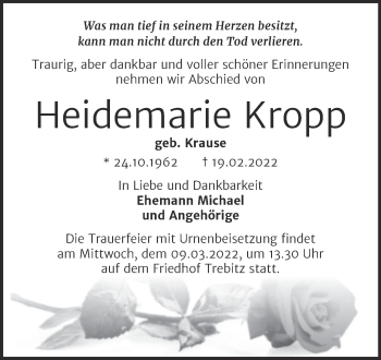 Traueranzeige von Heidemarie Kropp von Trauerkombi Bernburg