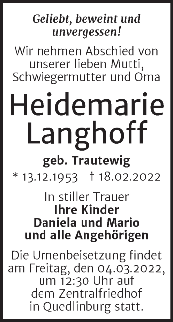 Traueranzeige von Heidemarie Langhoff von Trauerkombi Quedlinburg