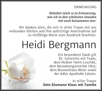 Traueranzeige von Heidi Bergmann von Trauerkombi Weißenfels