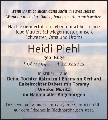 Traueranzeige von Heidi Piehl von Trauerkombi Sangerhausen