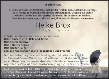 Traueranzeige von Heike Brox von Trauerkombi Wittenberg