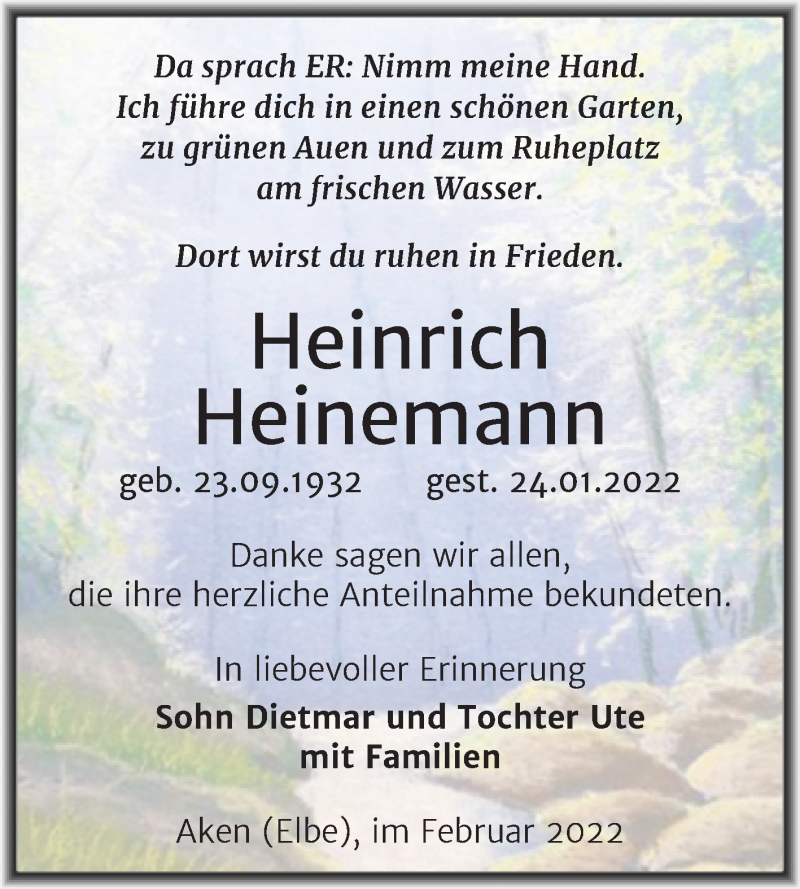  Traueranzeige für Heinrich Heinemann vom 12.02.2022 aus Trauerkombi Köthen