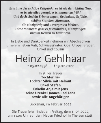 Traueranzeige von Heinz Gehlhaar von Trauerkombi Zeitz