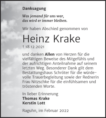 Traueranzeige von Heinz Krake von Trauerkombi Bitterfeld