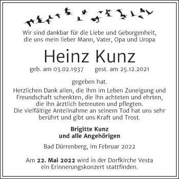 Traueranzeige von Heinz Kunz von Trauerkombi Merseburg