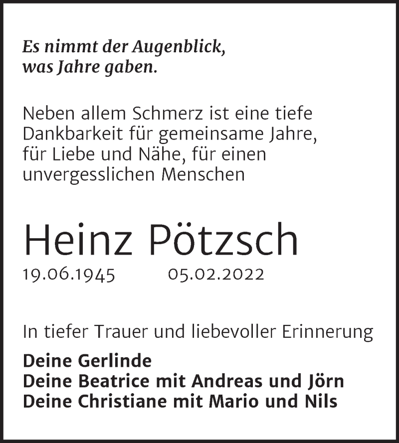  Traueranzeige für Heinz Pötzsch vom 12.02.2022 aus Trauerkombi Bitterfeld