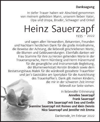 Traueranzeige von Heinz Sauerzapf von Trauerkombi Quedlinburg