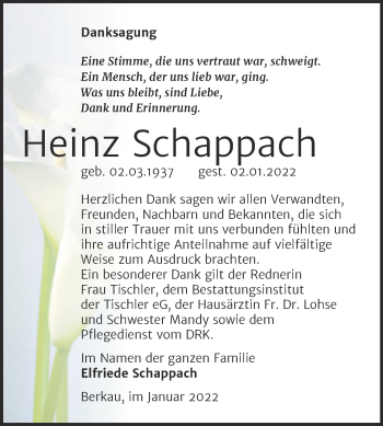 Traueranzeige von Heinz Schappach von Trauerkombi Wittenberg