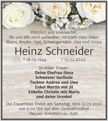 Traueranzeige von Heinz Schneider von Trauerkombi Dessau