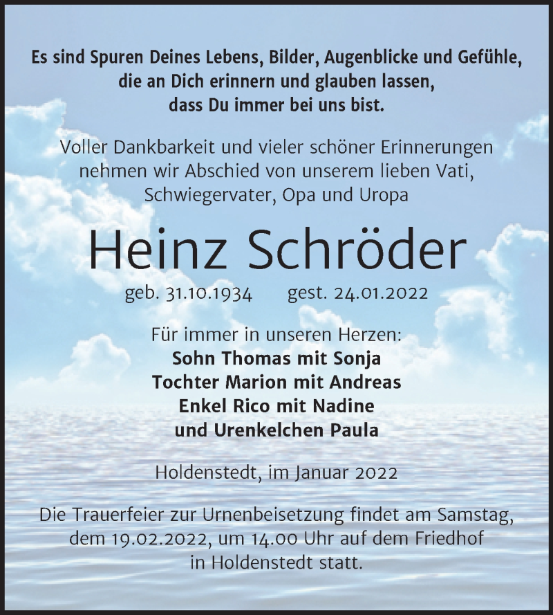  Traueranzeige für Heinz Schröder vom 11.02.2022 aus Trauerkombi Sangerhausen