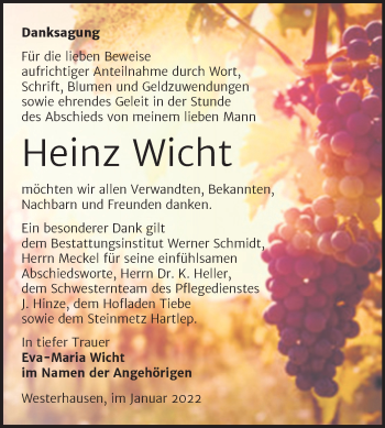 Traueranzeige von Heinz Wicht von Trauerkombi Quedlinburg