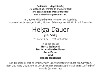 Traueranzeige von Helga Dauer von Mitteldeutsche Zeitung Halle/Saalkreis