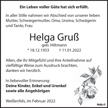Traueranzeige von Helga Gruß von Trauerkombi Weißenfels