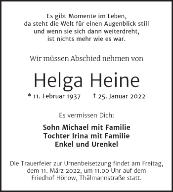 Traueranzeige von Helga Heine von Trauerkombi Wittenberg
