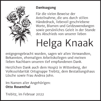 Traueranzeige von Helga Knaak von Trauerkombi Wittenberg