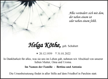 Traueranzeige von Helga Köthe von Trauerkombi Sangerhausen