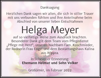 Traueranzeige von Helga Meyer von Trauerkombi Mansfelder Land