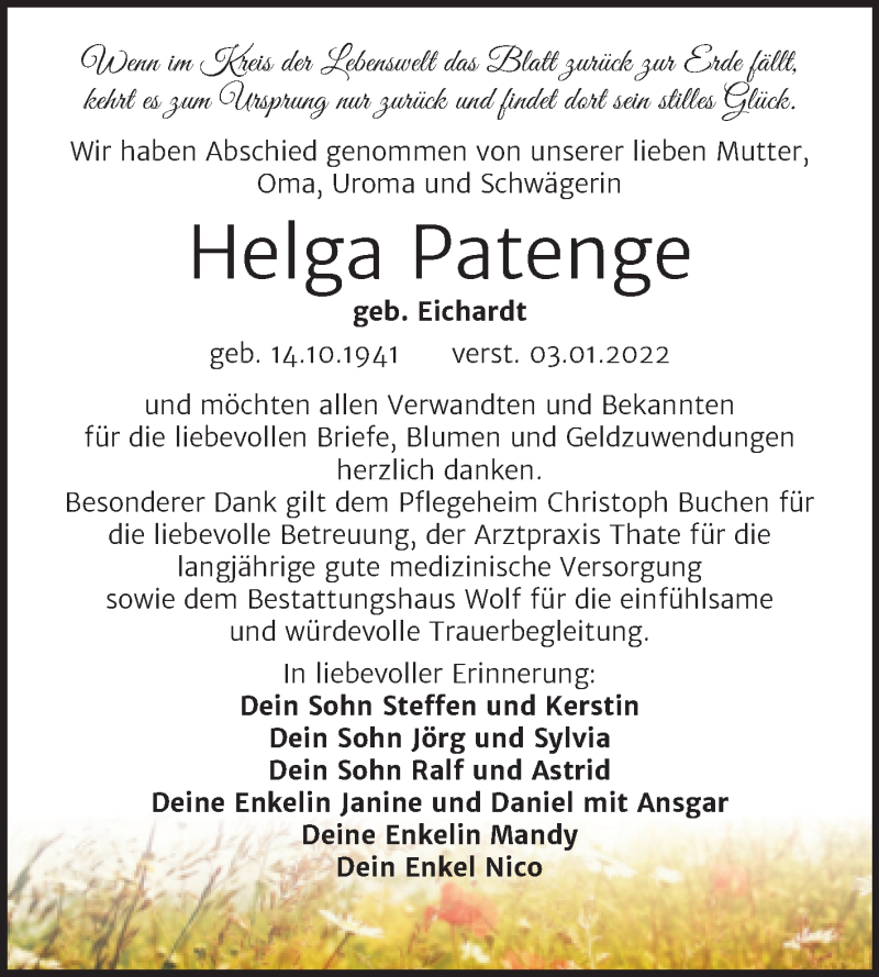  Traueranzeige für Helga Patenge vom 09.02.2022 aus Trauerkombi Weißenfels