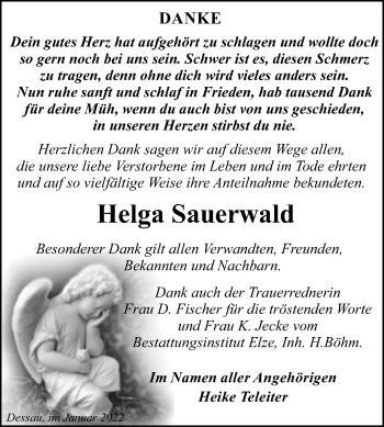 Traueranzeige von Helga Sauerwald von Trauerkombi Dessau