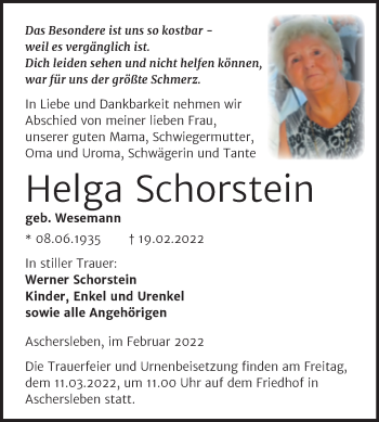 Traueranzeige von Helga Schorstein von Trauerkombi Aschersleben