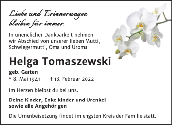 Traueranzeige von Helga Tomaszewski von Trauerkombi Bitterfeld