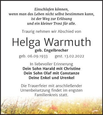 Traueranzeige von Helga Warmuth von Trauerkombi Wittenberg