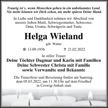 Traueranzeige von Helga Wieland von Trauerkombi Wittenberg