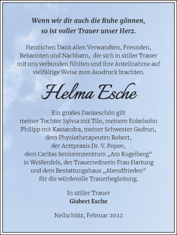 Traueranzeige von Helma Esche von Trauerkombi Weißenfels