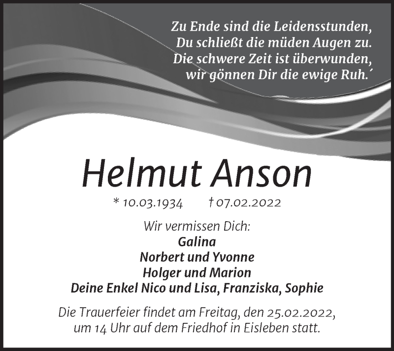  Traueranzeige für Helmut Anson vom 19.02.2022 aus Trauerkombi Mansfelder Land