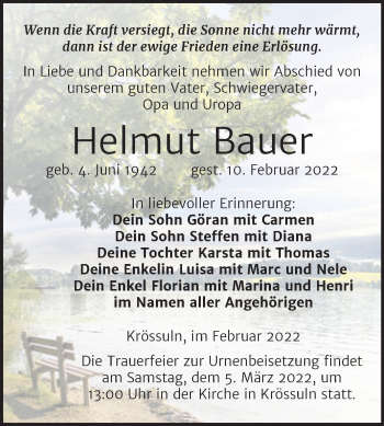 Traueranzeige von Helmut Bauer von Trauerkombi Weißenfels