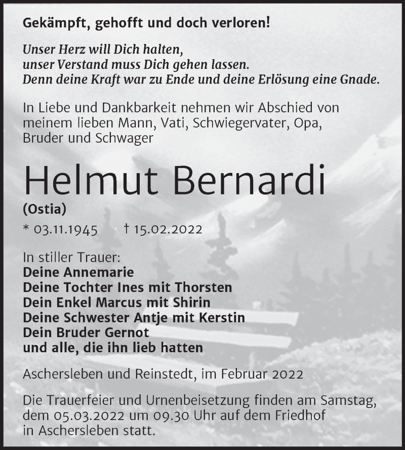  Traueranzeige für Helmut Bernardi vom 26.02.2022 aus Trauerkombi Aschersleben