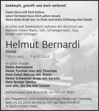 Traueranzeige von Helmut Bernardi von Trauerkombi Aschersleben