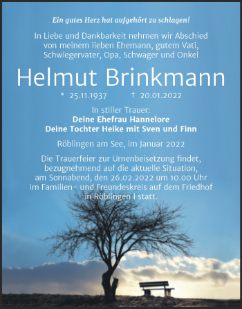 Traueranzeige von Helmut Brinkmann von Trauerkombi Mansfelder Land