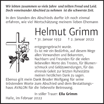 Traueranzeige von Helmut Grimm von Mitteldeutsche Zeitung Halle/Saalkreis