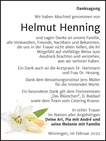 Traueranzeige von Helmut Henning von Trauerkombi Aschersleben