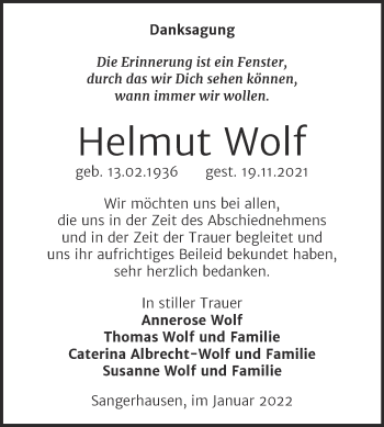 Traueranzeige von Helmut Wolf von Trauerkombi Sangerhausen