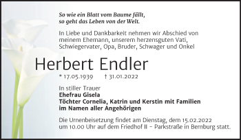 Traueranzeige von Herbert Endler von Trauerkombi Bernburg