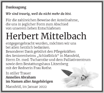 Traueranzeige von Herbert Mittelbach von Trauerkombi Mansfelder Land