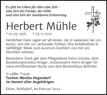 Traueranzeige von Herbert Mühle von Trauerkombi Wittenberg