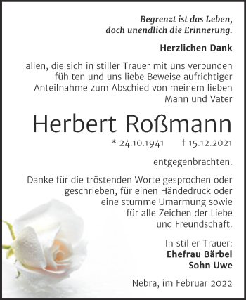 Traueranzeige von Herbert Roßmann von Wochenspiegel Naumburg/Nebra