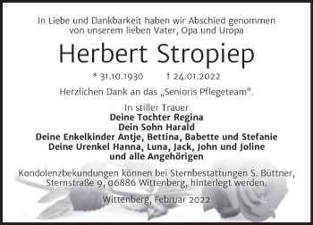 Traueranzeige von Herbert Stropiep von Super Sonntag Wittenberg
