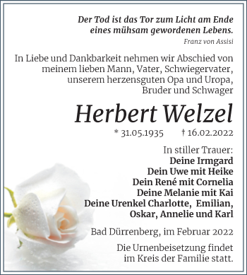 Traueranzeige von Herbert Welzel von Trauerkombi Merseburg